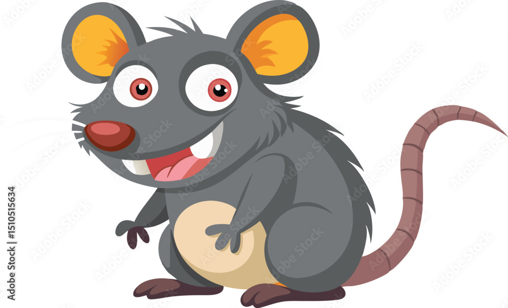 Fototapeta premium Cartoon Gray Mouse Standing Upright and Smiling with Pink Nose and Ears on White Background