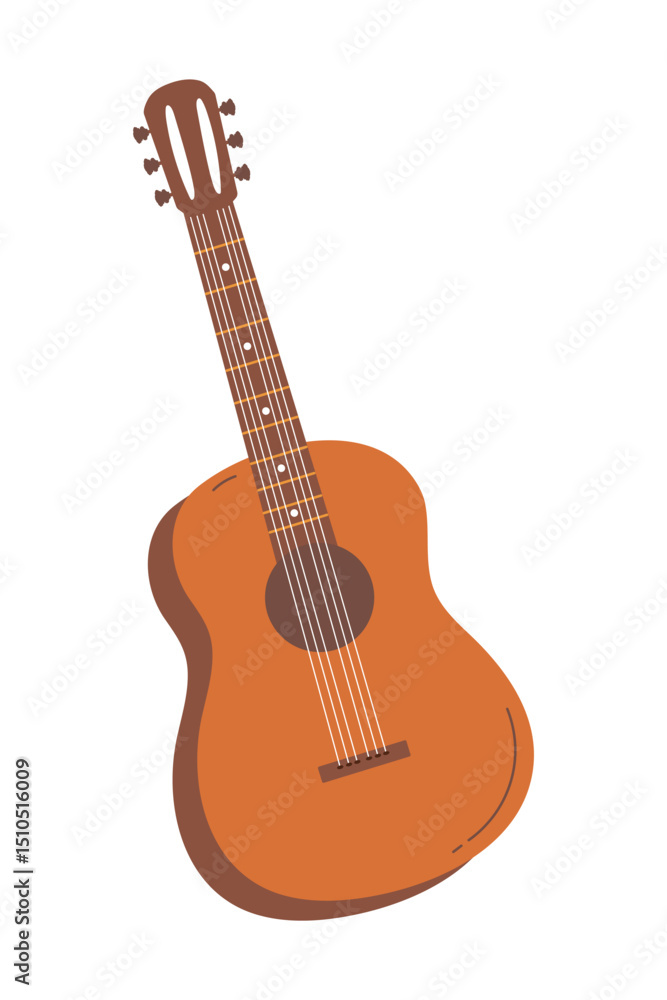 Obraz premium Acoustic guitar resting on a white background showcasing elegant curves and wooden texture. Vector illustration in flat style.