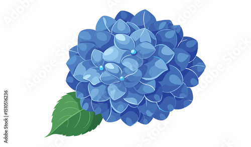 Illustration of a Blue Hydrangea Flower with a Single Green Leaf on White