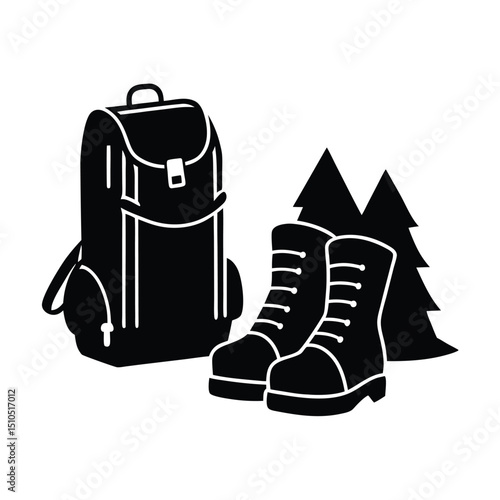 Backpack and hiking boots beside trail vector silhouette