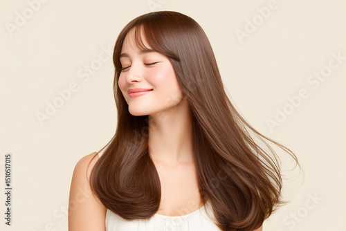 Wallpaper Mural 健康的でツヤの黒髪が魅力のアジア人女性が目を閉じて気持ちよさそうにしている写真 Torontodigital.ca