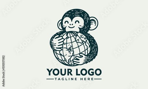 Illustrated monkey holding planet Earth gently with closed eyes and peaceful emotion. Environmental care concept
