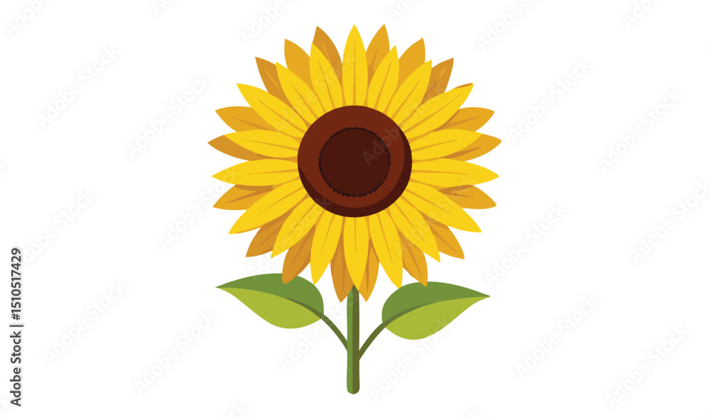 Obraz premium Cartoon Sunflower Illustration with Yellow Petals, Brown Center, Green Stem, and Leaves