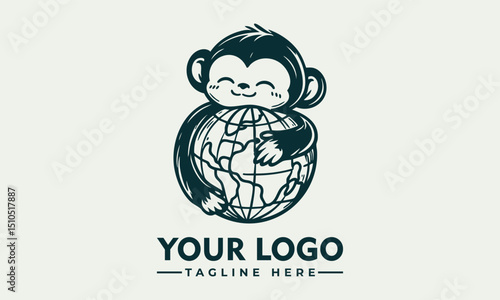 Illustrated monkey holding planet Earth gently with closed eyes and peaceful emotion. Environmental care concept
