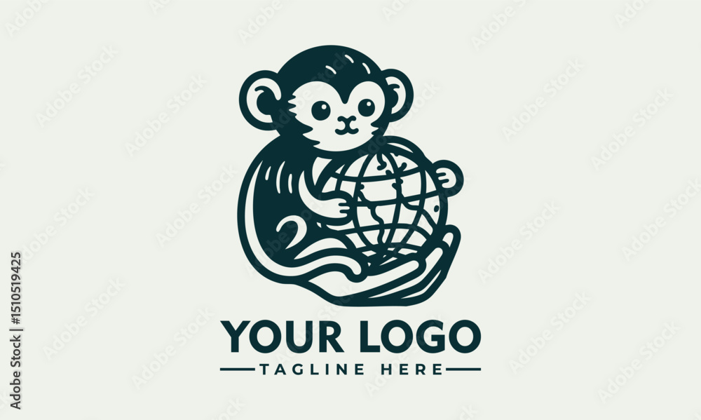 Fototapeta premium Illustrated monkey holding planet Earth gently with closed eyes and peaceful emotion. Environmental care concept 