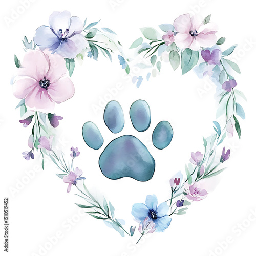 Watercolor Heart Wreath with Paw Print Illustration for Animal Lovers Graphic
