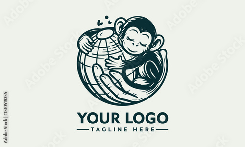 Illustrated monkey holding planet Earth gently with closed eyes and peaceful emotion. Environmental care concept
