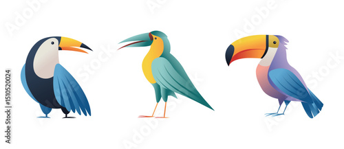 Colorful Tropical Birds Vector Illustration, Cartoon Style Exotic Bird Set