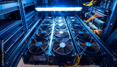 high tech cryptocurrency gpu mining rig with led lighting hardware in data center