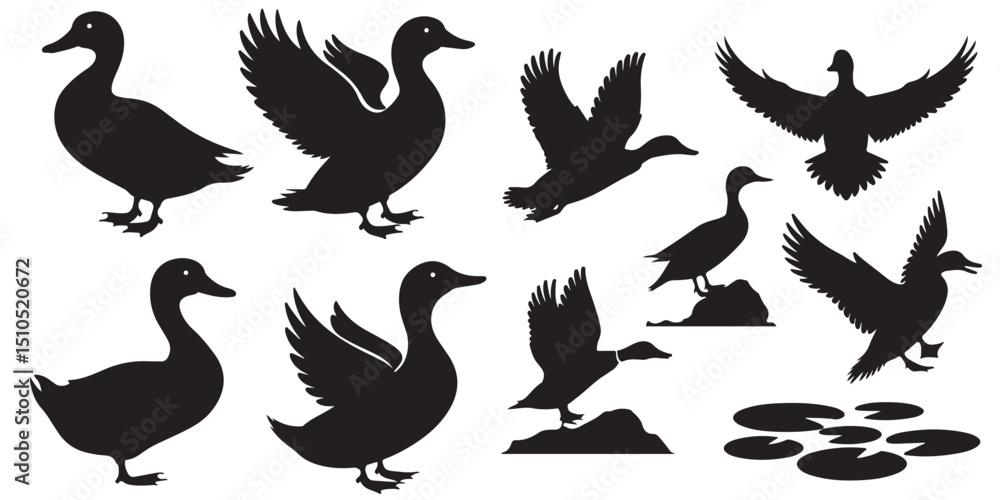 Obraz premium Silhouettes of Ducks Swimming on Water, Duck Silhouettes in Various Poses, Cute Cartoon Ducks Illustration Set Black and White