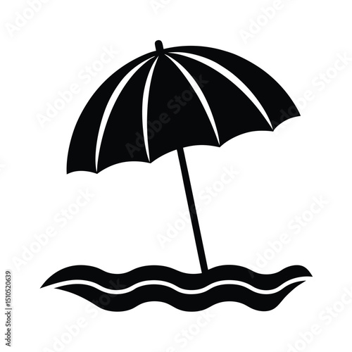 Beach umbrella stuck in sand with waves vector silhouette