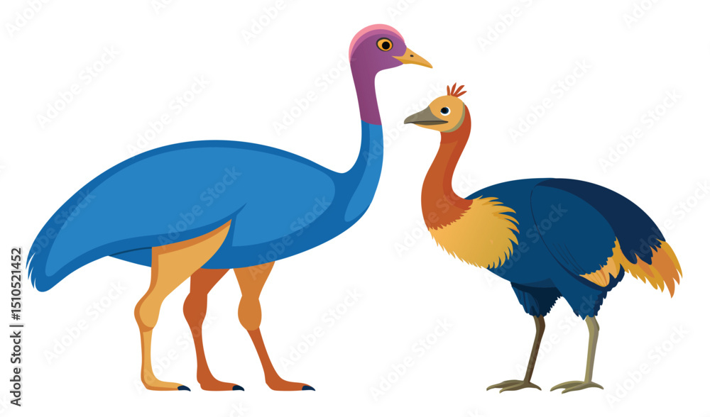 Fototapeta premium Two Illustration Birds Blue Cassowary with Purple Neck and Orange BrushTurkey
