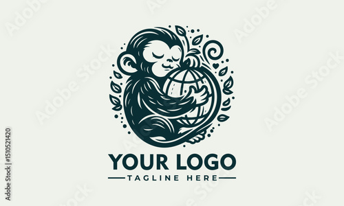 Illustrated monkey holding planet Earth gently with closed eyes and peaceful emotion. Environmental care concept
