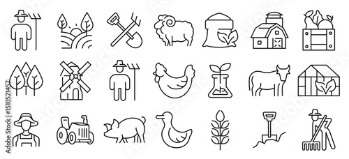 Farm icons depict agriculture crops livestock tools  buildings