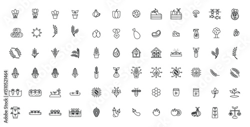 Collection of monochrome line art icons depicting various crops agricultural practices and related concepts