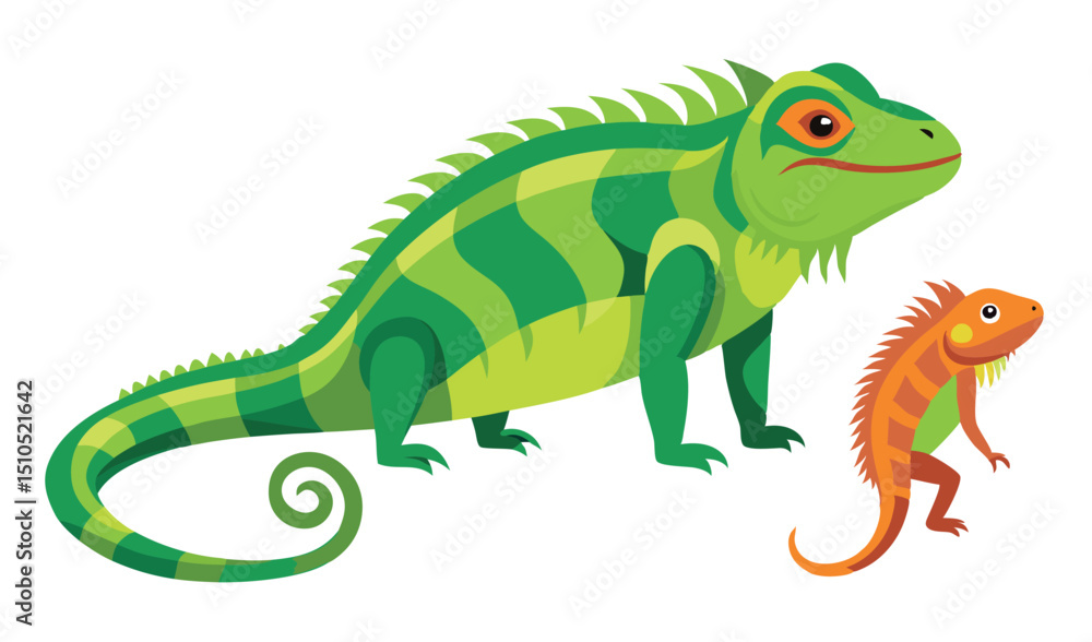 Fototapeta premium Cartoon Illustration of Two Iguanas One Green Striped and the Other Orange on White