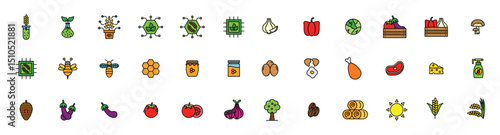Icon array with lab bees  foods like fruit vegetables meat grains  dairy products against white