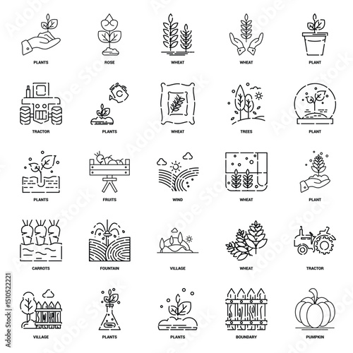 Icons depict farming cultivation harvesting Includes plants wheat tractor rose carrot pumpkin village wind fountain trees