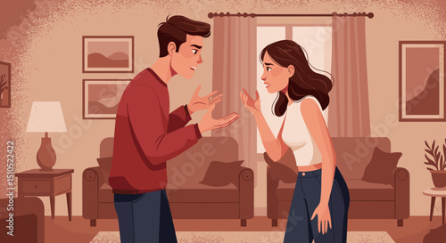 Young couple arguing in cozy living room with neutral colors, for blogs about love, relationships, conflict resolution 