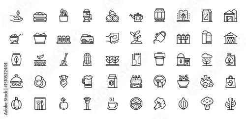 Icons illustrate farming and agriculture plants tools produce structures and containers