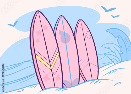 Three colorful surfboards with floral designs are standing on a sandy beach, surrounded by gentle waves and a bright blue sky, evoking a fun summer vibe and beach lifestyle