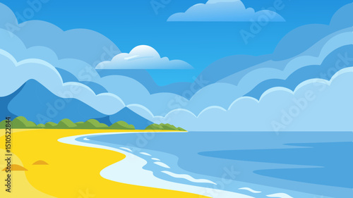 Vibrant flat illustration of a serene beach landscape featuring golden sand, gentle waves, lush greenery, and a backdrop of rolling mountains under a bright blue sky with fluffy clouds