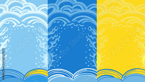 Colorful abstract illustration of an open book with waves and clouds in blue, yellow, and white, creating a vibrant and imaginative atmosphere for storytelling and creativity