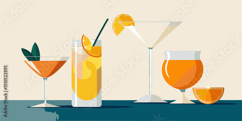 Colorful flat illustration of various cocktails on a table, featuring a martini, a highball, and a tropical drink, showcasing vibrant garnishes and refreshing beverages