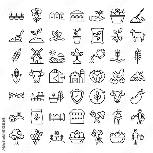 Outline icons showcase diverse farm themes including crops animals tools and rural structures