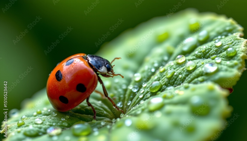 Fototapeta premium a ladybug taking off from a dewy clover leaf, macro close up, vibrant red shell and water droplets, dreamy soft background