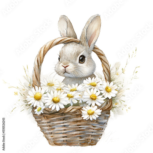 Bunny in a Basket Easter Celebration Background with Flowers Spring Celebration