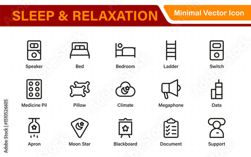 Sleep and Relaxation Icon Collection. Perfect for Wellness Apps, Meditation Tools, Sleep Aids, Stress Relief Techniques, and Calm Living Spaces.