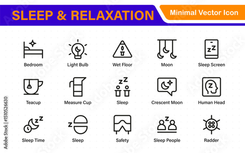 Sleep and Relaxation Icon Collection. Perfect for Wellness Apps, Meditation Tools, Sleep Aids, Stress Relief Techniques, and Calm Living Spaces.