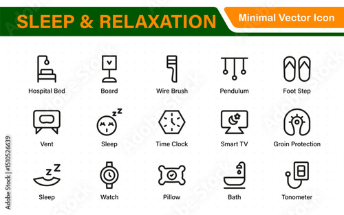 Sleep and Relaxation Icon Collection. Perfect for Wellness Apps, Meditation Tools, Sleep Aids, Stress Relief Techniques, and Calm Living Spaces.