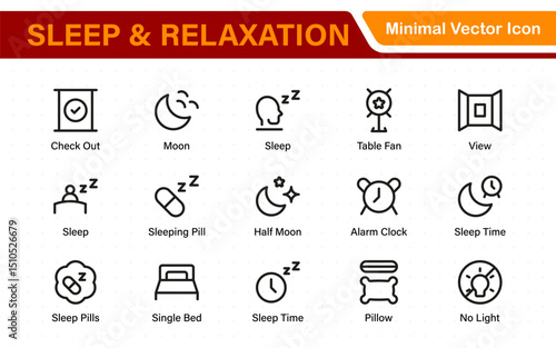 Sleep and Relaxation Icon Collection. Perfect for Wellness Apps, Meditation Tools, Sleep Aids, Stress Relief Techniques, and Calm Living Spaces.