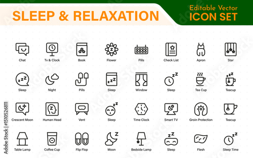 Sleep and Relaxation Icon Collection. Perfect for Wellness Apps, Meditation Tools, Sleep Aids, Stress Relief Techniques, and Calm Living Spaces.