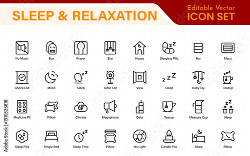 Sleep and Relaxation Icon Collection. Perfect for Wellness Apps, Meditation Tools, Sleep Aids, Stress Relief Techniques, and Calm Living Spaces.