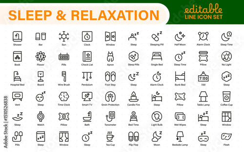 Sleep and Relaxation Icon Collection. Perfect for Wellness Apps, Meditation Tools, Sleep Aids, Stress Relief Techniques, and Calm Living Spaces.