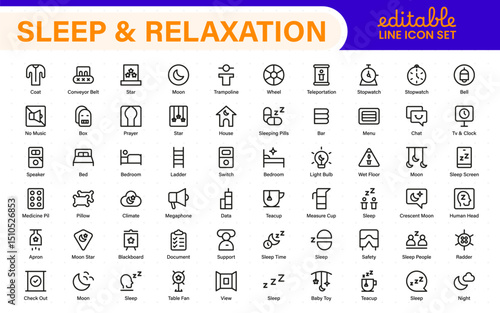 Sleep and Relaxation Icon Collection. Perfect for Wellness Apps, Meditation Tools, Sleep Aids, Stress Relief Techniques, and Calm Living Spaces.