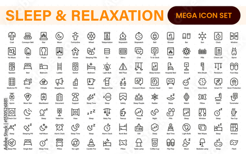 Sleep and Relaxation Icon Collection. Perfect for Wellness Apps, Meditation Tools, Sleep Aids, Stress Relief Techniques, and Calm Living Spaces.