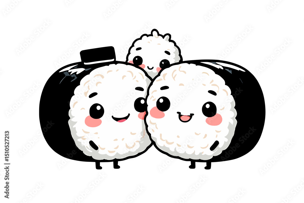 Obraz premium Illustration of Sushi Roll Family Characters with Nori Hat, Blush Accents, and Baby Peeking