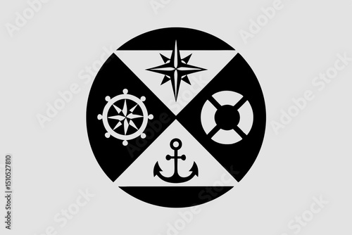 Nautical Adventure Awaits Compass Ship Wheel Anchor and Life Preserver Marine Exploration Boating Symbols Voyage Icon