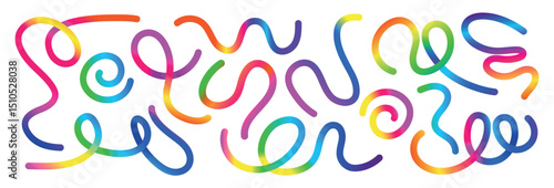 Color line shapes with gradient. Dynamic squiggles, spiral ribbons and swirls. Abstract wavy pattern on white background. 3D rainbow color waves graphic.