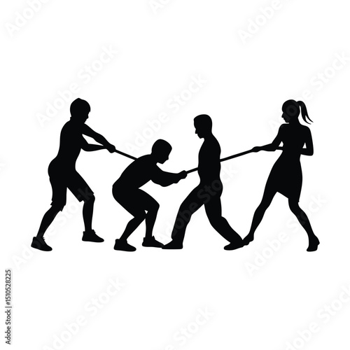 Group playing tug of war vector silhouette