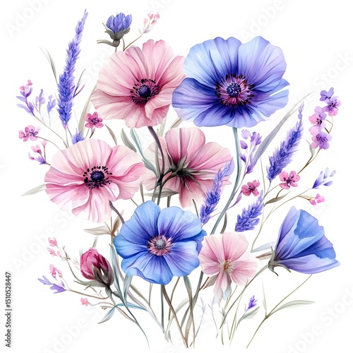 Watercolor wildflowers, with pink, purple, and blue petals and green stems on a white background, clipart