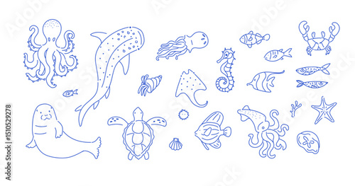 Set of various sea animals including octopus, turtle, whale shark, seal, fish, squid, seahorse, crab, stingray, and starfish.
