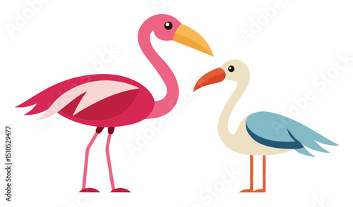Illustration of Cartoon Pink Flamingo and Light Blue Stork Standing on White Background