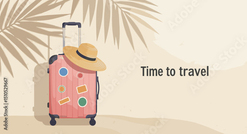 Colorful suitcase with stickers and straw hat against palm leaves, ,for travel agencies, travel blogs 