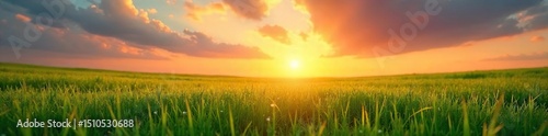 A vibrant sunrise over a lush green field, signifying the promise of new beginnings and fresh starts, with dew-kissed grass and a tranquil atmosphere , dew, grass