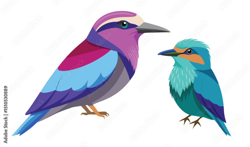 Obraz premium Two Stylized Birds with Colorful Plumage, Illustration on White Background, Wildlife Art